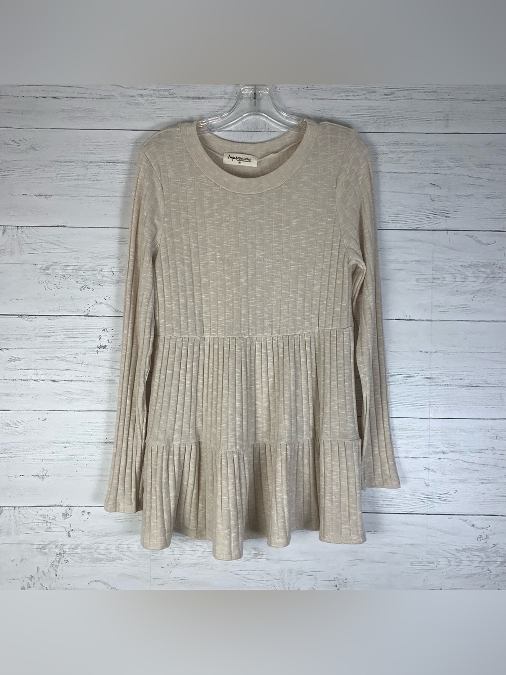 Impressions cream knit ribbed baby doll top womens size M
